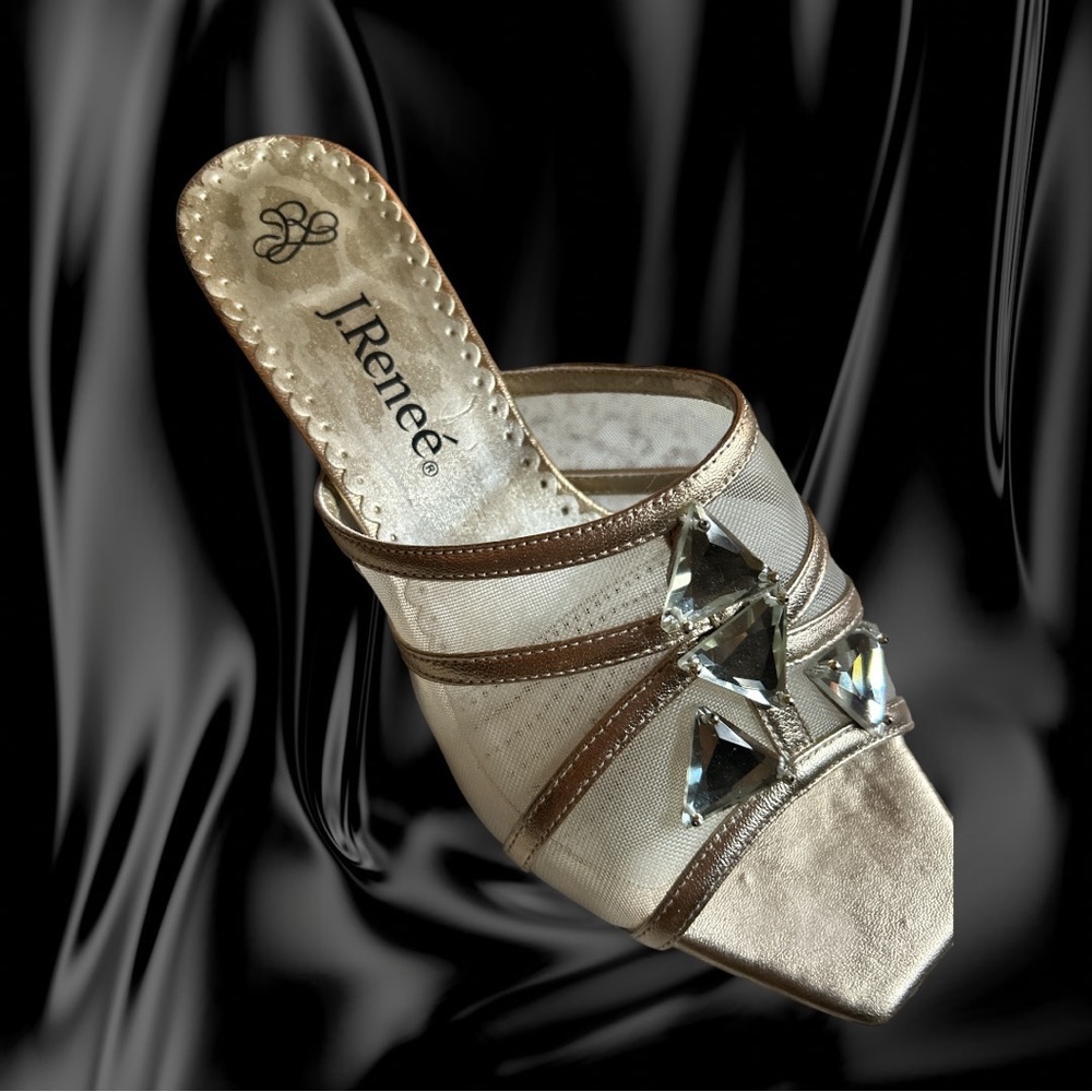 J.Renee Zelda mesh and gold leather slip on glamorous sandal heels